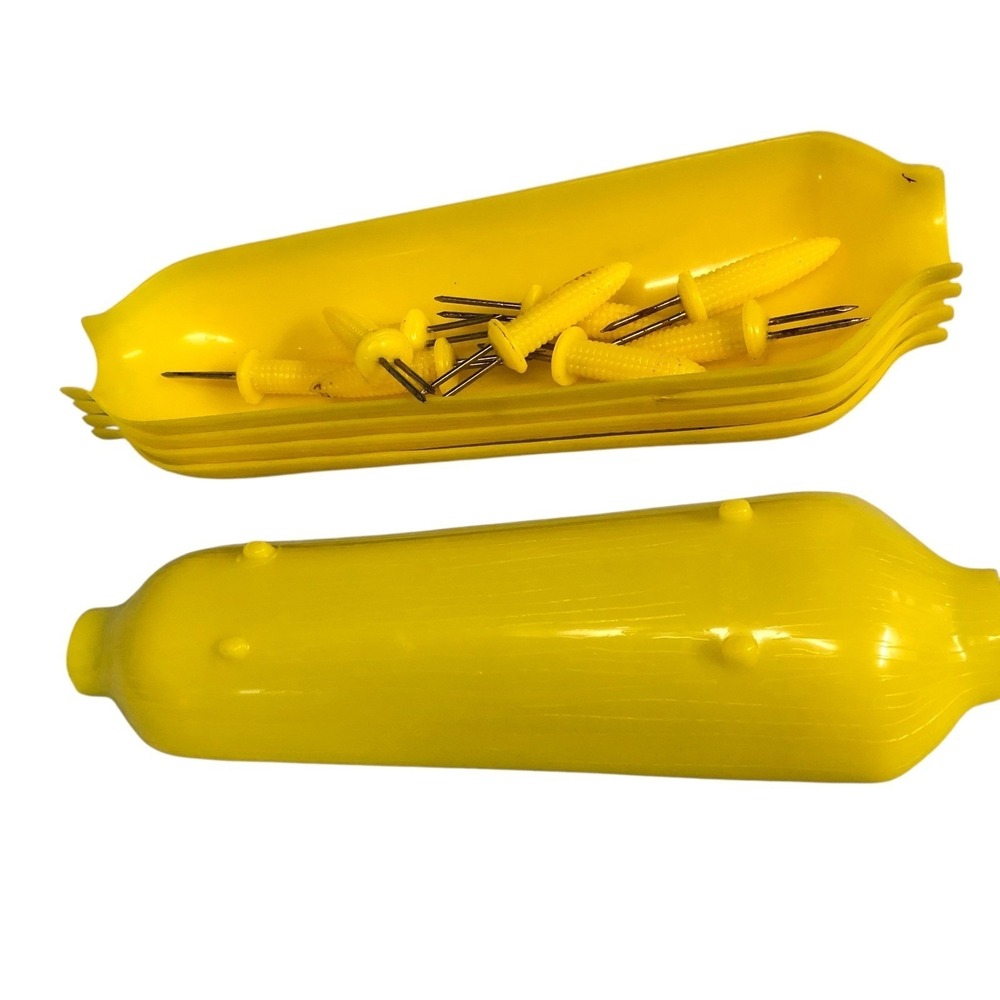 Set of 6 Yellow‎ Corn on the Cob Holders Dishes with Corn Cob Covers and Skewers